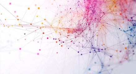 Abstract digital art featuring colorful network connections and geometric patterns on a light background