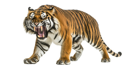Obraz premium A snarling tiger beast with sharp fangs and dynamic fur textures, standing on a pristine, PNG format Background. Generative AI 