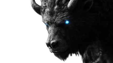 A fearsome mystical creature with glowing emerald eyes, slightly tilted head, dynamic pose, vivid contrast against PNG format Background. Generative AI 
