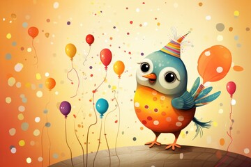 Obraz premium Playful Bird with Birthday Sign and Balloons