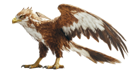 A mythical griffin beast with golden wings outstretched, intricate fur and feather textures, PNG format Background. Generative AI