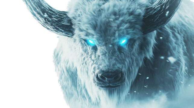 A fearsome mystical creature with glowing emerald eyes, slightly tilted head, dynamic pose, vivid contrast against PNG format Background. Generative AI 
