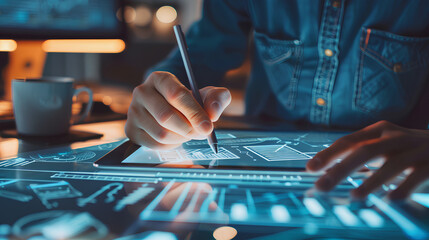 A professional sketching a new product design on a tablet, high tech workspace, concept of creativity and innovation

