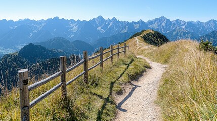 Fototapeta premium Majestic Mountain Ridge Trail Hiking Path Scenic View Wooden Fence Alpine Landscape