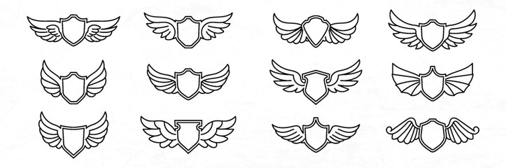 set of shield with wing decorated element vector design illustration	