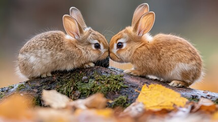 Fototapeta premium Adorable Bunny Rabbits Snuggling on Autumn Log Wildlife Nature Forest Fall Leaves