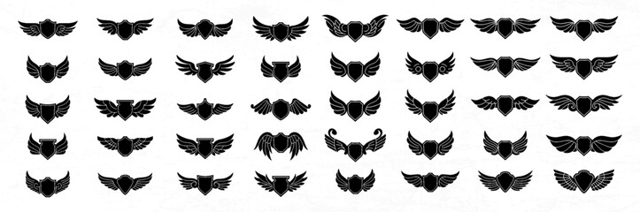 set of shield with wing decorated element vector design illustration	