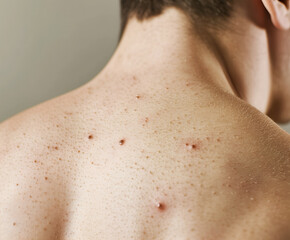 Fototapeta premium Small vesicles on the upper back of a man.
