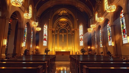 A warm church interior, bathed in soft, golden light. ornate ceilings with grand arches and pillars adorned with gold accents. Stained glass windows cast colorful, The altar is illuminated by candles.