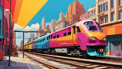 Fototapeta premium Colorful Pop Art Cityscape with Train