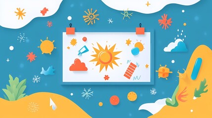 Fototapeta premium Colorful and Creative Illustration of Sun and Weather Elements with Whimsical Background Suitable for Seasonal and Artistic Themes