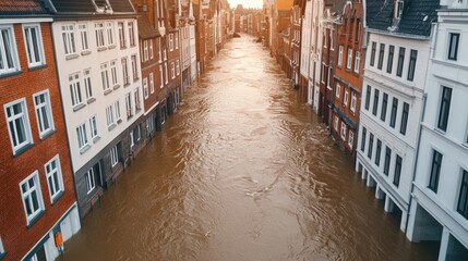 Swollen river flooding city streets urban area aerial view nature impact