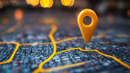 map with a location pin marking a destination, showing highlighted routes and pathways that represent journey, exploration, and the connection between places and people