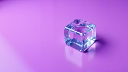 Transparent heart-shaped ice cube on purple surface