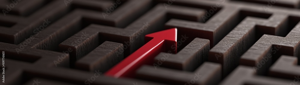 Poster a red arrow points upward through a dark maze, symbolizing direction, progress, and problem-solving 