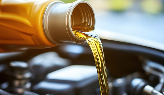 エンジンオイルが車のエンジンに注がれる瞬間の詳細な描写