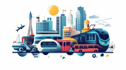 Vibrant Urban Transport Scene Featuring Diverse Vehicles and Iconic Skyscrapers in a Modern City Landscape Illustration