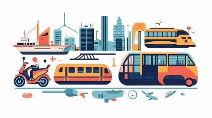 Colorful Urban Transportation Illustrations Featuring Boats, Trains, Buses, Motorcycles, and Cityscape Elements in a Modern, Vibrant Style