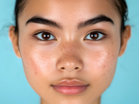 Freckles and moles on facial skin of Indonesian young woman