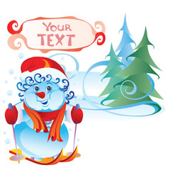 snowman on skis in the forest