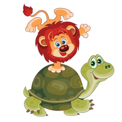 funny lion cub riding on a green turtle