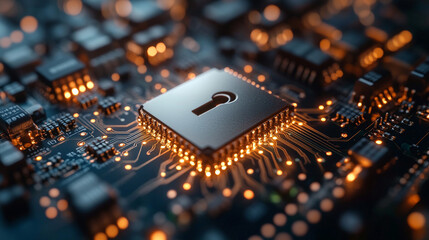 lock icon on a digital circuit board background, symbolizing cyber security and data protection in the modern digital world