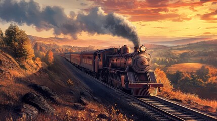 Fototapeta premium Steam train journey through autumn landscape at sunset.