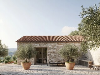 Scenic Tuscan Farmhouse Terrace with Olive Trees and Cypress