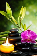 Smooth black basalt stones stacked in a pyramid formation on a dark bamboo mat. Next to the stones, position a vibrant orchid flower.