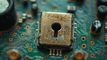 lock icon on a digital circuit board background, symbolizing cyber security and data protection in...