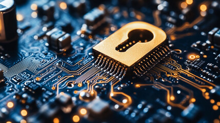lock icon on a digital circuit board background, symbolizing cyber security and data protection in the modern digital world