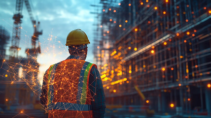 Obraz premium Construction Worker with Digital Network Overlay 