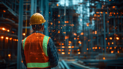 Obraz premium Construction Worker with Digital Network Overlay 
