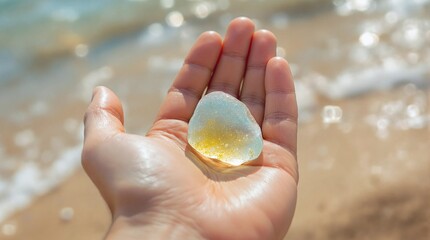 Hand Holds Sea Glass on Beach, Summer Treasure
