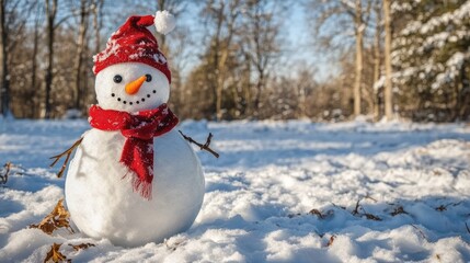 Fototapeta premium Funny snowman in stylish hat and red scalf on snowy field. Merry Christmass and happy New Year!