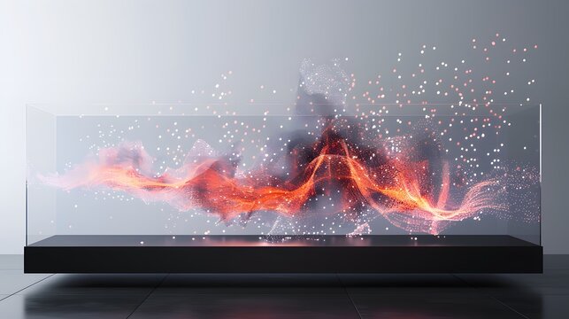 A floating 3D scatter plot with interactive data points and dynamic transitions, photography, immersive technology, sleek design, photorealistic