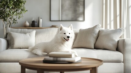 Stylish Scandi Interior of Home Space with Design Wooden Table":