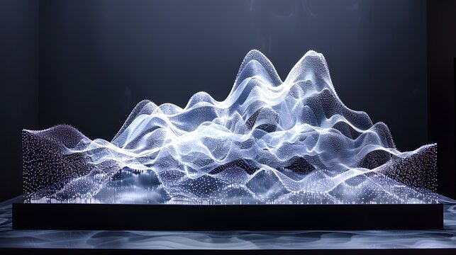 A floating 3D scatter plot with interactive data points and dynamic transitions, photography, immersive technology, sleek design, photorealistic