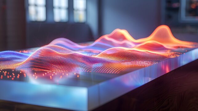 A floating 3D scatter plot with interactive data points and dynamic transitions, photography, immersive technology, sleek design, photorealistic