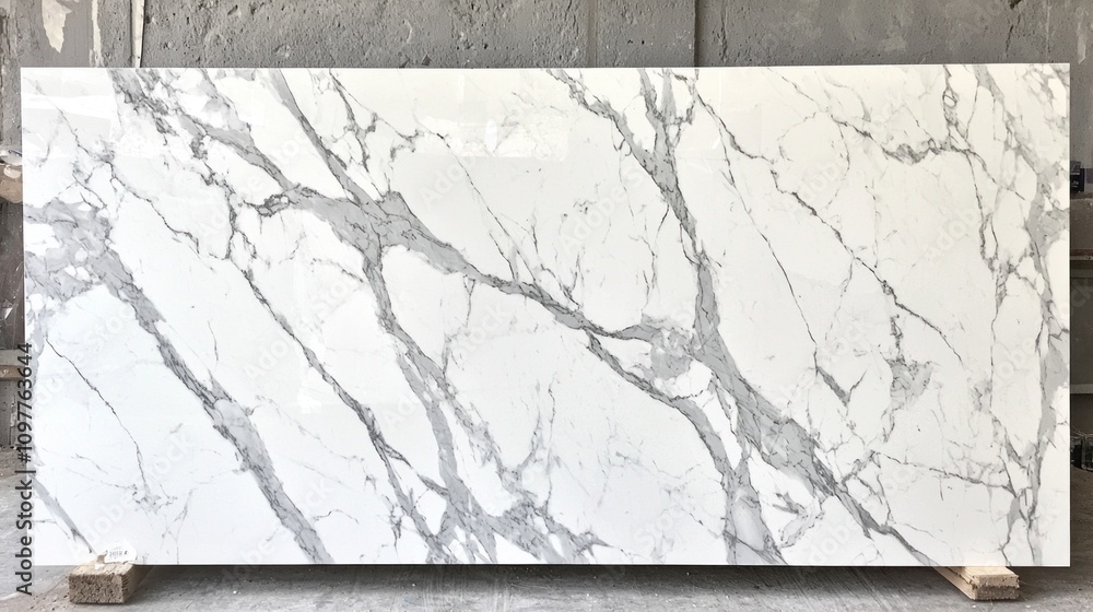 Poster a large white marble slab with a pattern of white and gray swirls