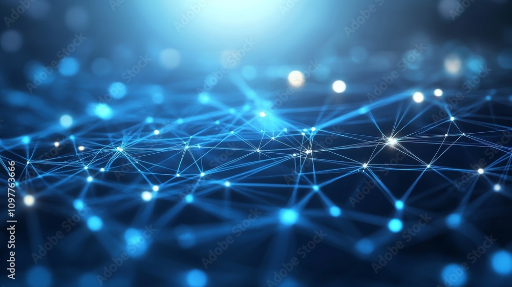 Poster a complex, futuristic digital grid with glowing blue lines and nodes, representing technological adv