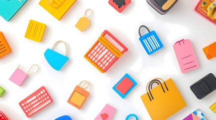 Fototapeta premium Colorful Flat Lay of Various Shopping Icons and Accessories on White Background for E-commerce and Retail Concepts
