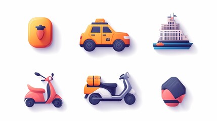 Fototapeta premium Colorful Vector Icons of Various Transportation Modes Including Taxi, Scooter, Ship, and Delivery Bike on White Background for Creative Projects and Web Use