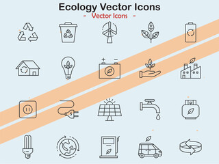 Icons related to ecology and environmental conservation  representing nature and green initiatives.