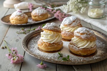 Elegant Puff Pastry Cream Puffs with Whipped Cream and Powdered Sugar Displayed in a Beautiful Setting, Perfect for Dessert Lovers and Baking Enthusiasts