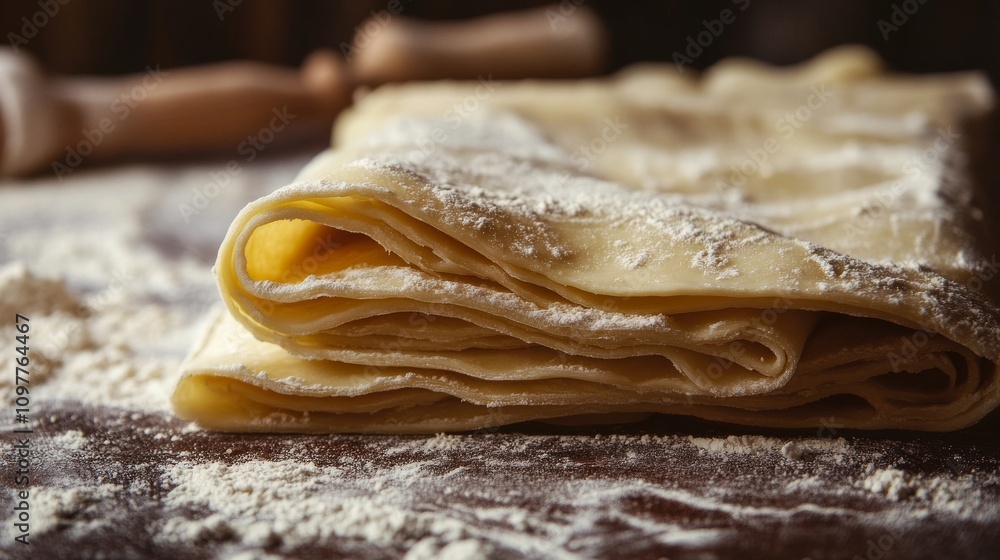 Poster a folded pastry dough sits on a floured surface, with a blurred rolling pin in the background. the w