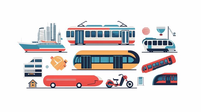 Colorful Vector Illustrations of Various Transportation Modes Including Trains, Buses, Boats, and Bicycles in an Urban Environment for Creative Projects