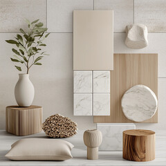 create a realistic japandi interior design mood board with wood, fabrics, marble tiles and plants with light colours 