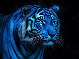 Obraz premium A majestic blue tiger set against a pitch-black background