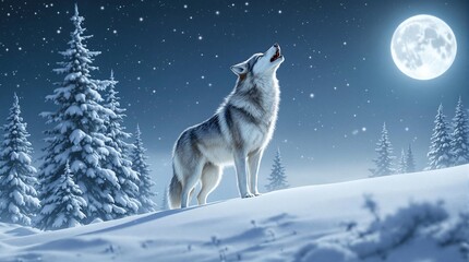 Naklejka premium Wolf Howling at the Moon in Snowy Winter Wonderland